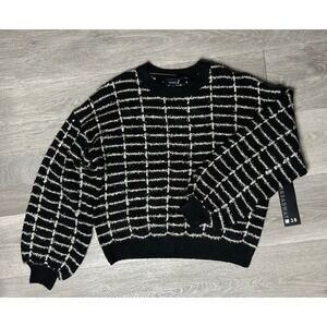 Broadway 38 Womens Black Silver Metallic Grid Knit Crewneck Sweater Large NWT